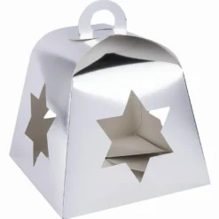 Faltboxen mit Stern-Ausstanzungen, geklebt, 17cm x 17cm x 13,5cm, Spiegelkarton, silber, 5 Stück