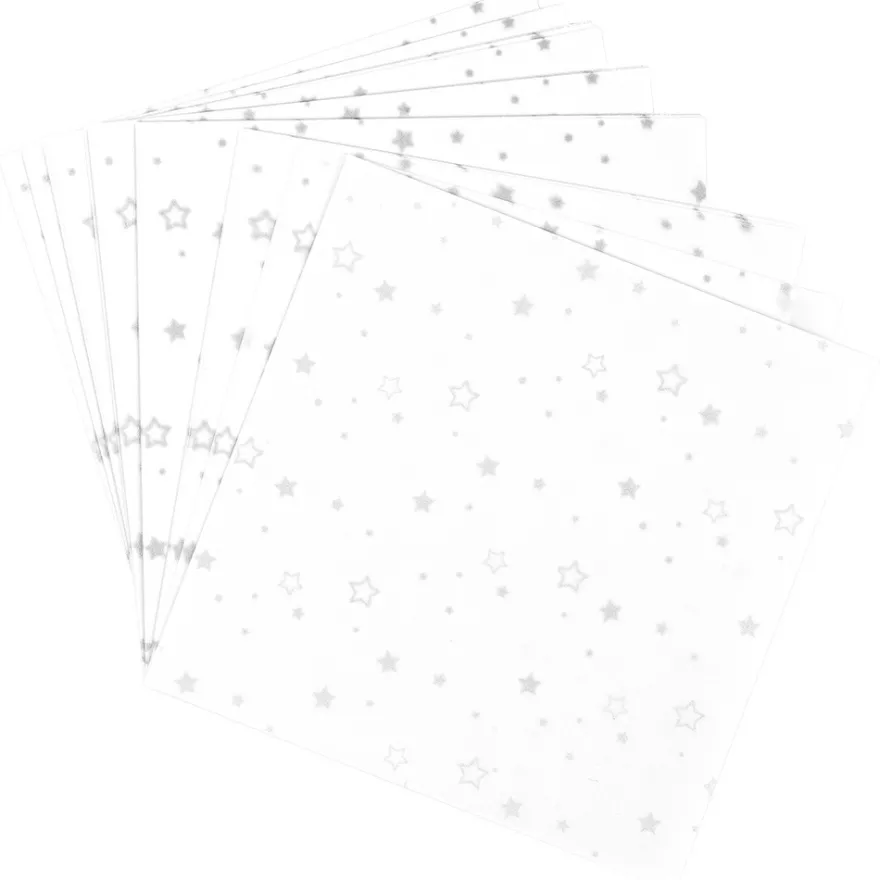 Faltpapiere, transparent, Sterne, 15cm x 15cm, 110 g/m², weiß/silber, 100 Stück