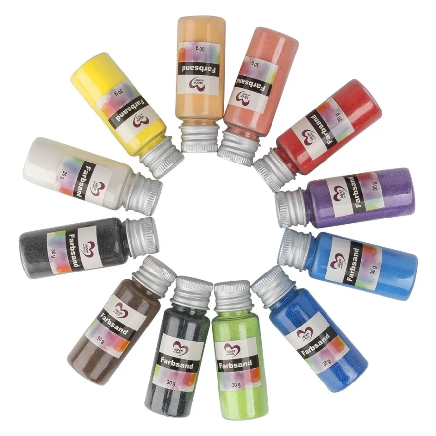 Farbsand fein, 12 Flaschen mit je 30g, 12 verschiedene Farben