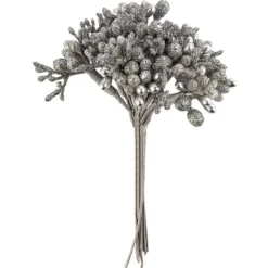 Festliche Beerenzweige, 11,5cm, silber, teilweise mit Glitzer, 12 Stück