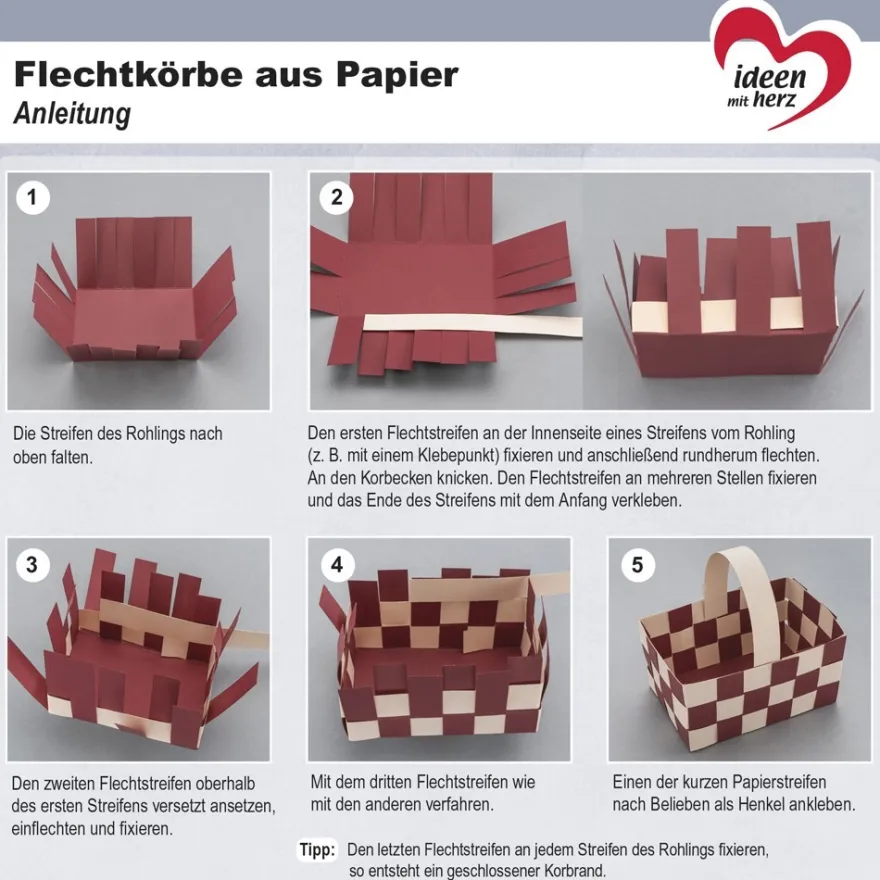 Flechtkörbe aus Papier, zum Selberflechten, 12cm x 8cm x 6,5cm, Braun-,Grau-,Beigetöne, 10 Stück