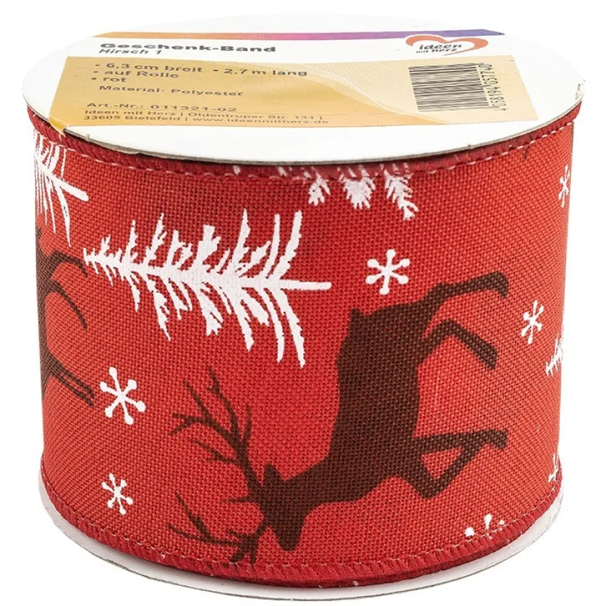 Geschenk-Band, Hirsch 1, 6,3cm breit, 2,7m lang, auf Rolle, rot