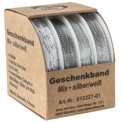 Geschenkband Mix, 1mm bis 5mm breit, versch. Designs, silber/weiß, 4 Rollen