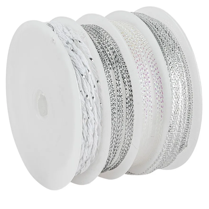 Geschenkband Mix, 1mm bis 5mm breit, versch. Designs, silber/weiß, 4 Rollen