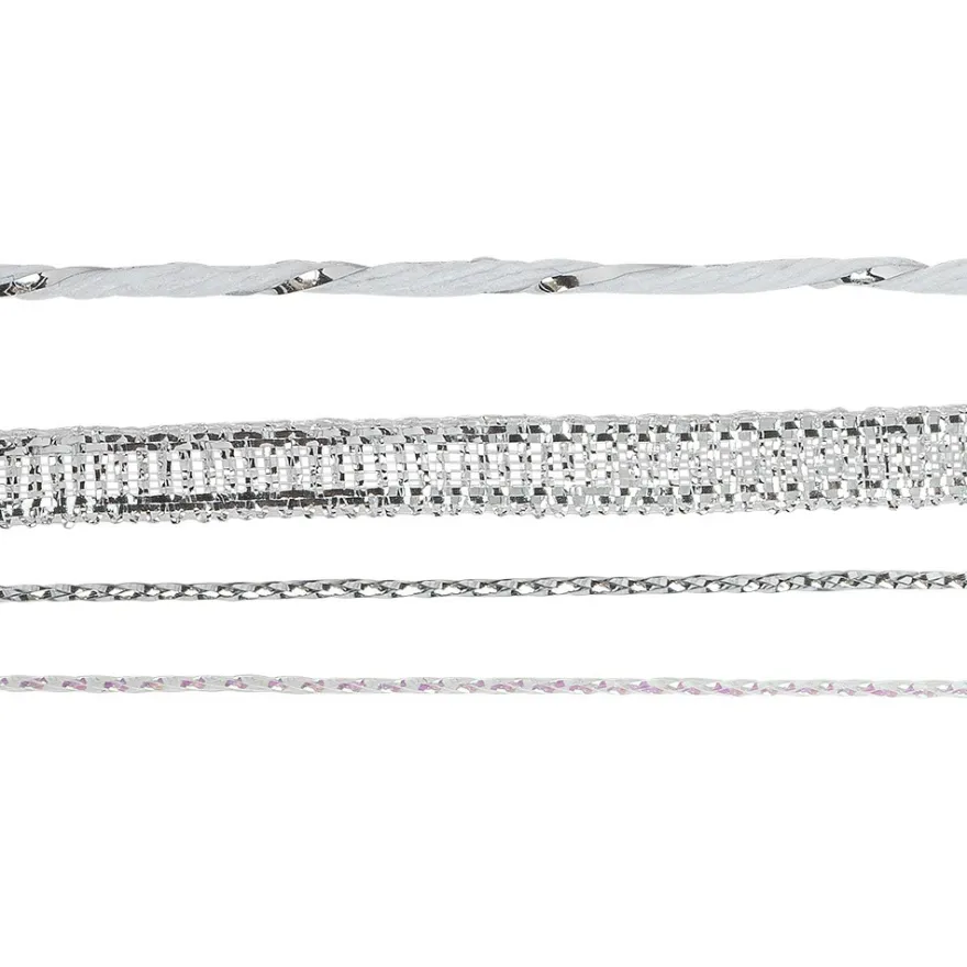 Geschenkband Mix, 1mm bis 5mm breit, versch. Designs, silber/weiß, 4 Rollen