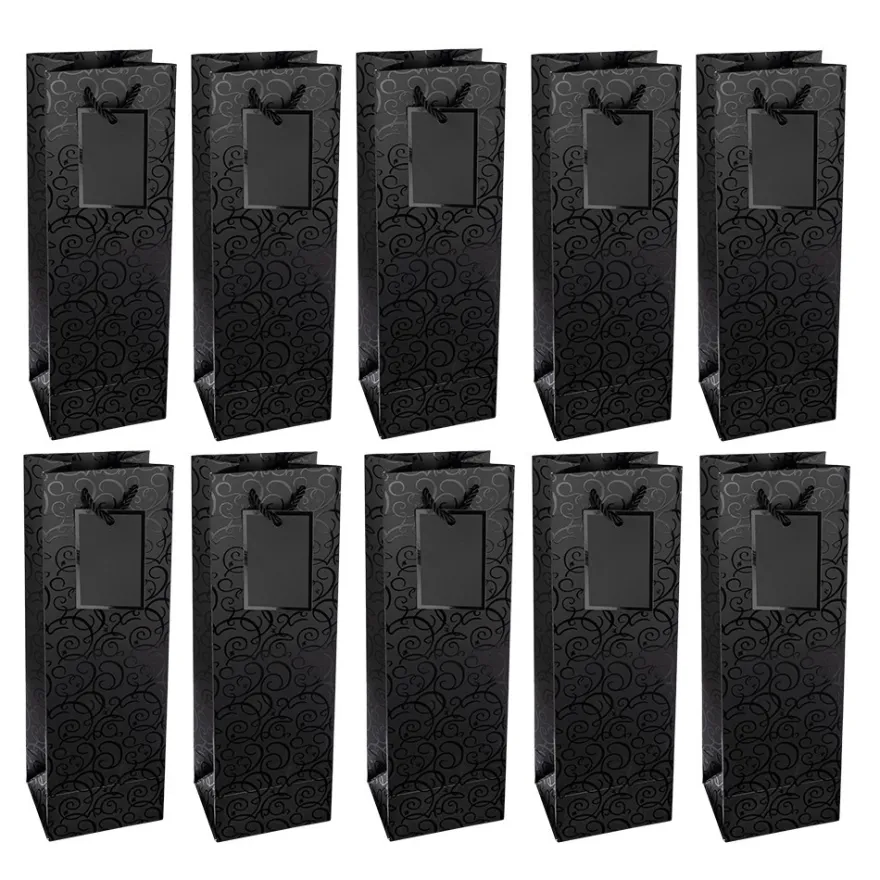 Geschenktaschen für Flaschen, 36cm x 12cm x 10cm, 230g/m², Lack-Ornamentik, matt-schwarz, 10 Stück