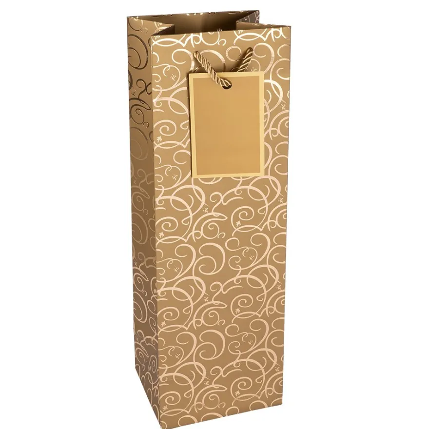 Geschenktaschen für Flaschen, 36cm x 12cm x 10cm, 230g/m², Spiegel-Ornamentik, gold, 10 Stück