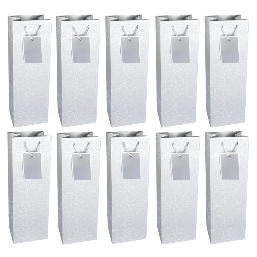 Geschenktaschen für Flaschen, 36cm x 12cm x 10cm, 230g/m², Spiegel-Ornamentik, silber, 10 Stück