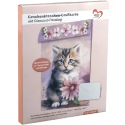 Geschenktaschen-Grußkarte mit Diamond Painting, Katze mit Blume, 16,5cm hoch, inkl. Zubehör