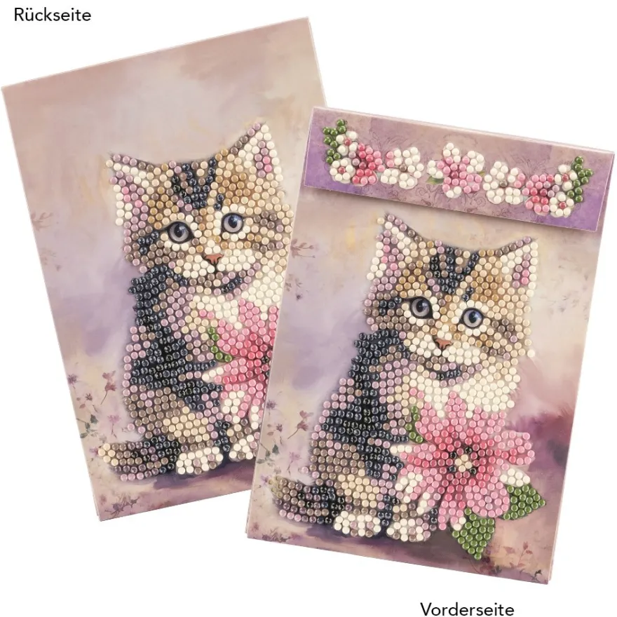 Geschenktaschen-Grußkarte mit Diamond Painting, Katze mit Blume, 16,5cm hoch, inkl. Zubehör