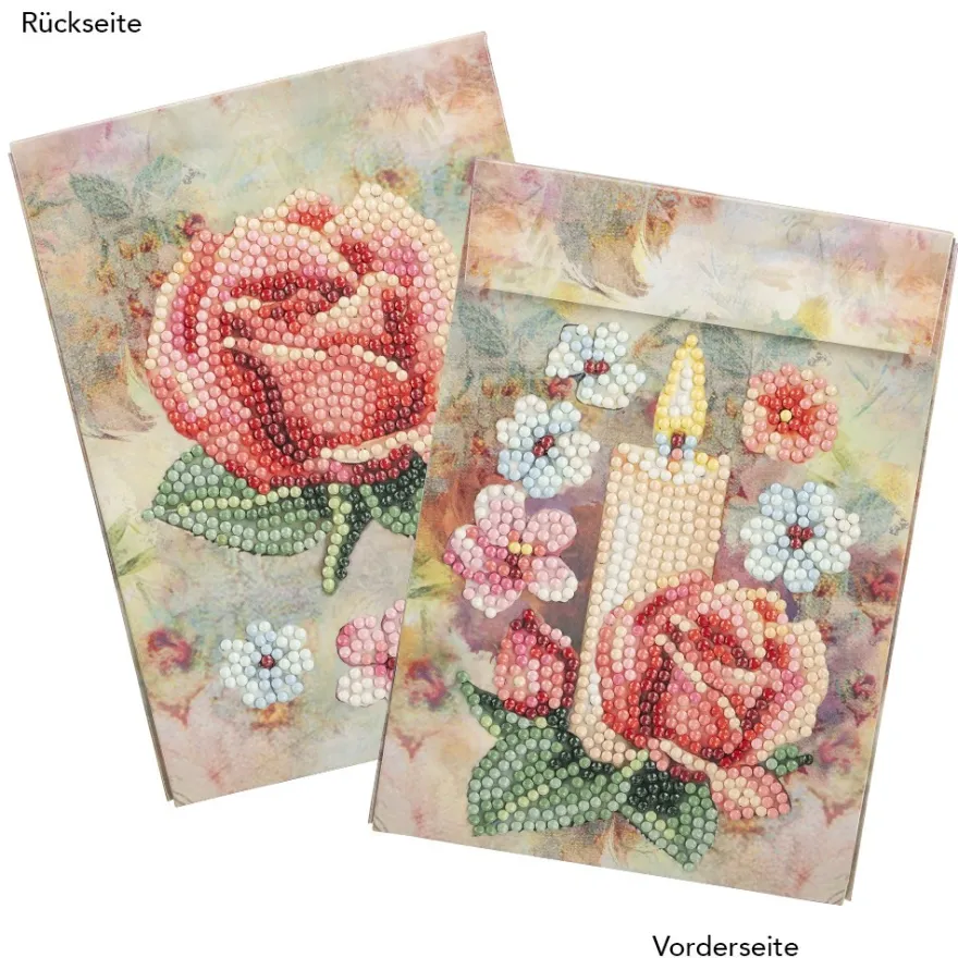 Geschenktaschen-Grußkarte mit Diamond Painting, Kerze & Rose, 16,5cm hoch, inkl. Zubehör