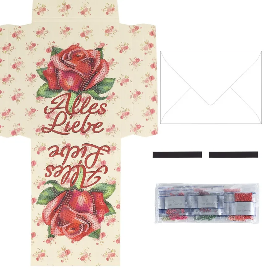 Geschenktaschen-Grußkarte mit Diamond Painting, Rote Rose • Alles Liebe, 16,5cm hoch, inkl. Zubehör