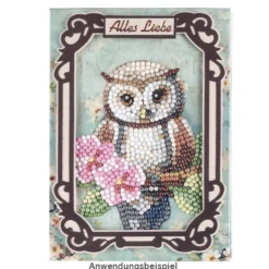 Geschenktaschen-Grußkarte mit Diamond Painting, Eule mit Blume, 16,5cm hoch, inkl. Zubehör