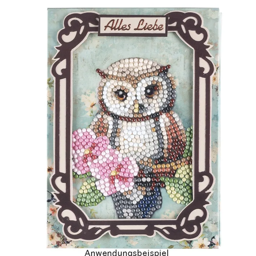 Geschenktaschen-Grußkarte mit Diamond Painting, Eule mit Blume, 16,5cm hoch, inkl. Zubehör