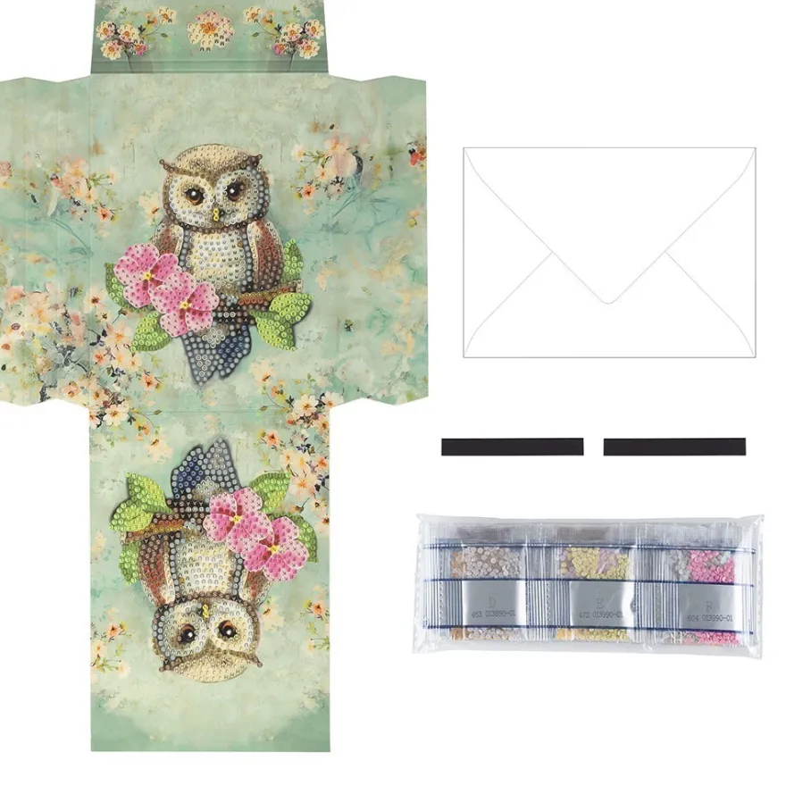 Geschenktaschen-Grußkarte mit Diamond Painting, Eule mit Blume, 16,5cm hoch, inkl. Zubehör