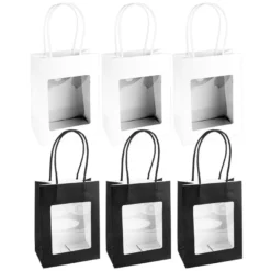 Geschenktaschen mit Folien-Sichtfenster & Henkel, 7,5cm x 12,5cm, 16,5cm, weiß, schwarz, 6 Stück
