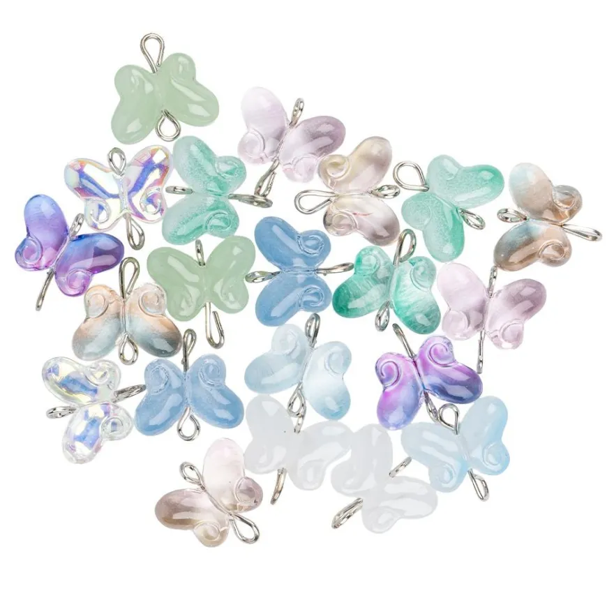 Glas-Anhänger mit Kettelstift, Schmetterling, 1,5cm x 0,6cm x 1cm, 10 versch. Farben, 21 Stück