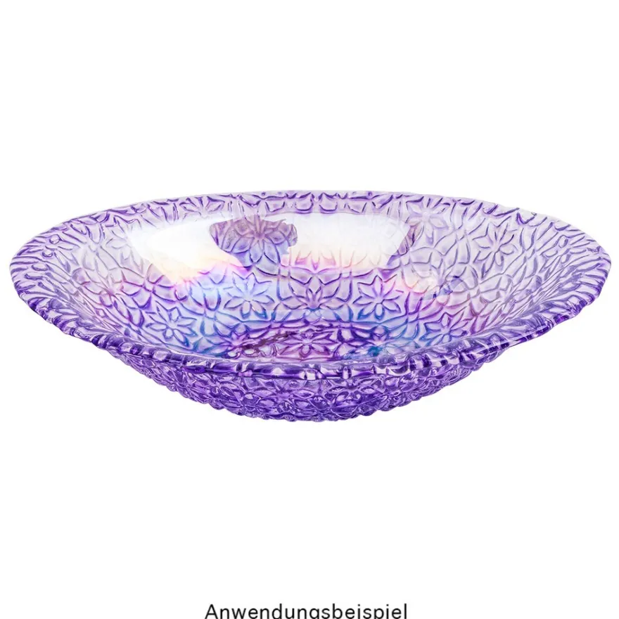 Glasschalen, oval mit Blumenrelief, 20,5cm x 13,4cm x 4,2cm, mit irisierender Oberfläche, 3 Stück