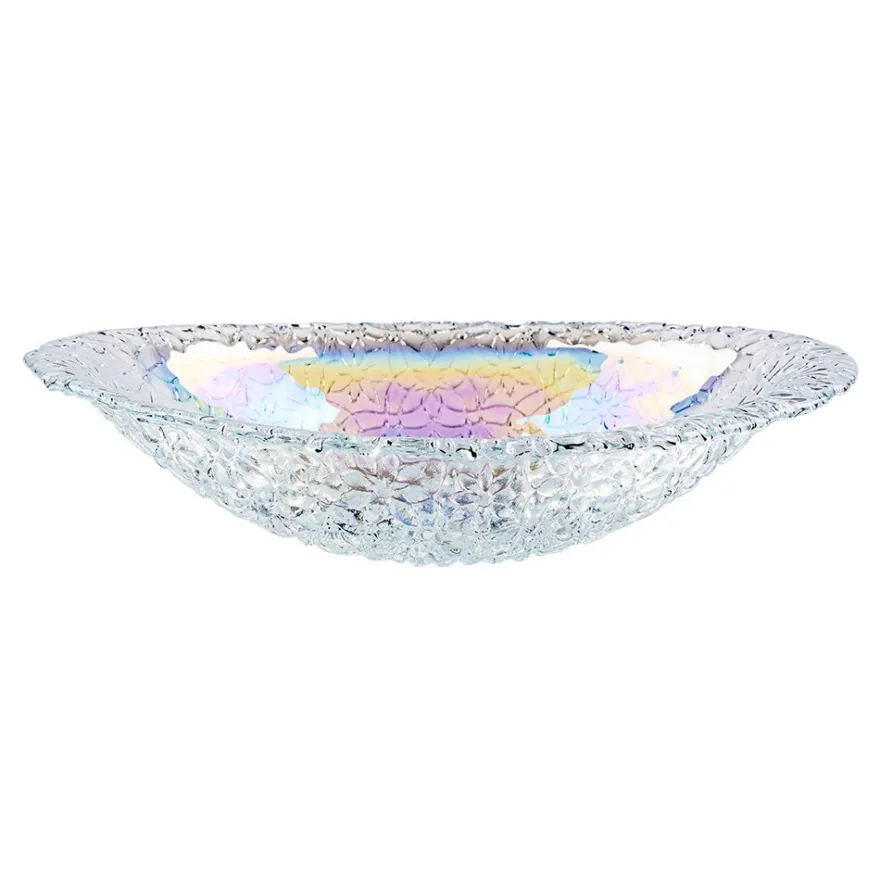 Glasschalen, oval mit Blumenrelief, 20,5cm x 13,4cm x 4,2cm, mit irisierender Oberfläche, 3 Stück