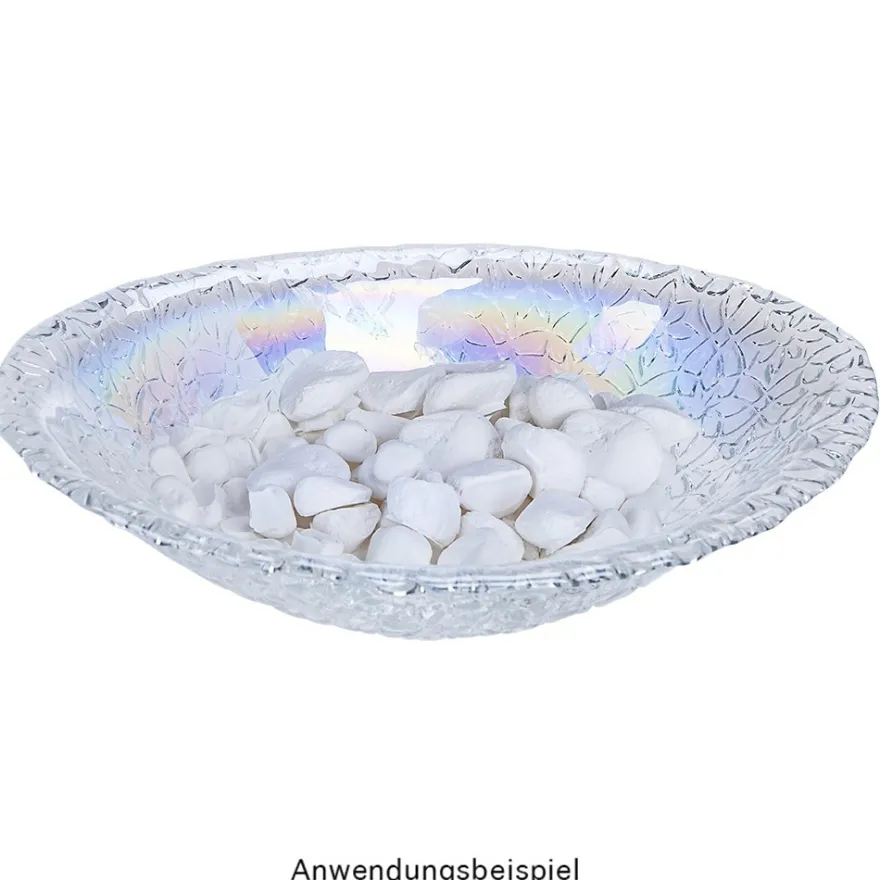Glasschalen, oval mit Blumenrelief, 20,5cm x 13,4cm x 4,2cm, mit irisierender Oberfläche, 3 Stück