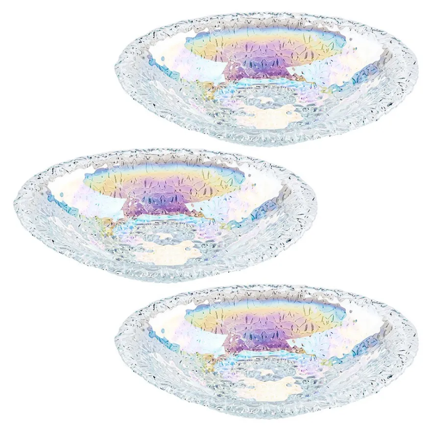 Glasschalen, oval mit Blumenrelief, 20,5cm x 13,4cm x 4,2cm, mit irisierender Oberfläche, 3 Stück