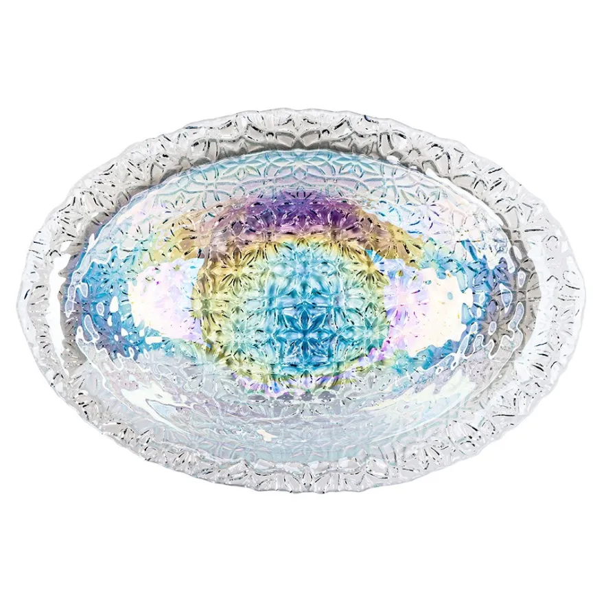 Glasschalen, oval mit Blumenrelief, 20,5cm x 13,4cm x 4,2cm, mit irisierender Oberfläche, 3 Stück