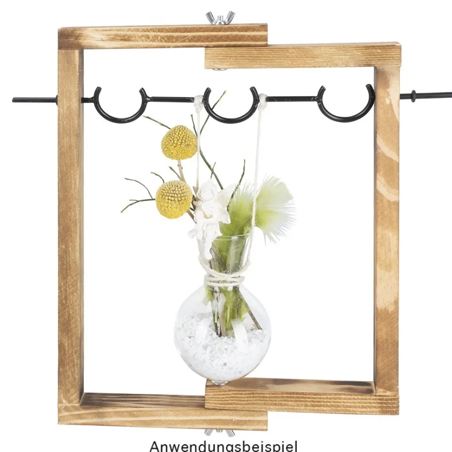 Glas-Vasen im Holzständer, 3 Glas-Vasen: Ø 6,5cm, 10cm hoch, Holzständer: 27cm breit