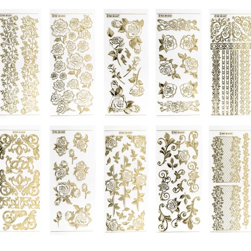 Gravur-Stickerbogen, Rosen, 10cm x 23cm, transparent/gold, 10 Bogen