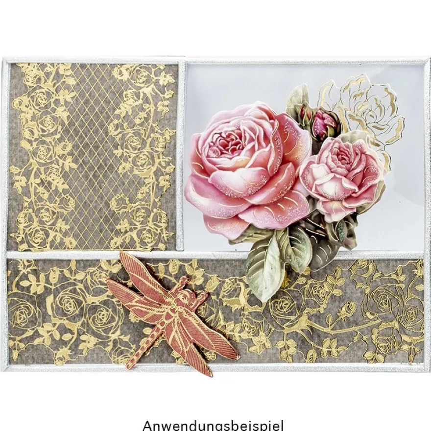Gravur-Stickerbogen, Rosen, 10cm x 23cm, transparent/gold, 10 Bogen