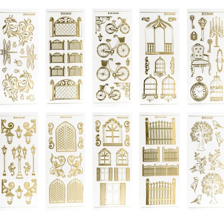 Gravur-Stickerbogen, Vintage, 10cm x 23cm, transparent/gold, 10 Bogen