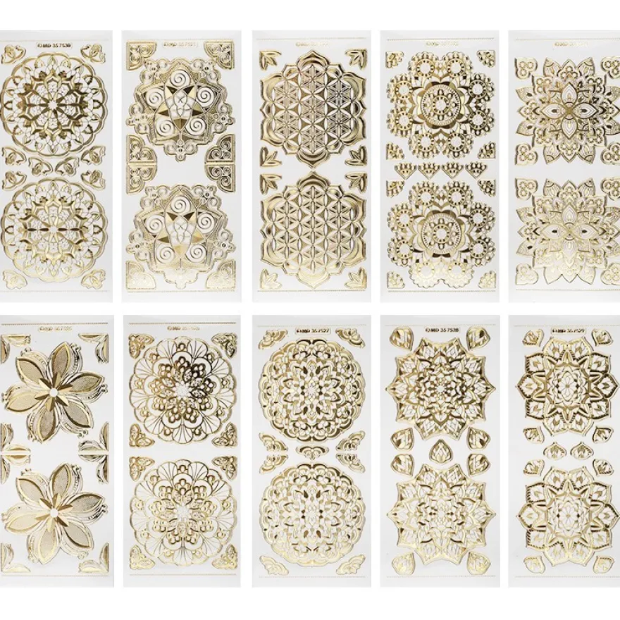 Gravur-Stickerbogen, Zier-Ornamente, 10cm x 23cm, transparent/gold, 10 Bogen