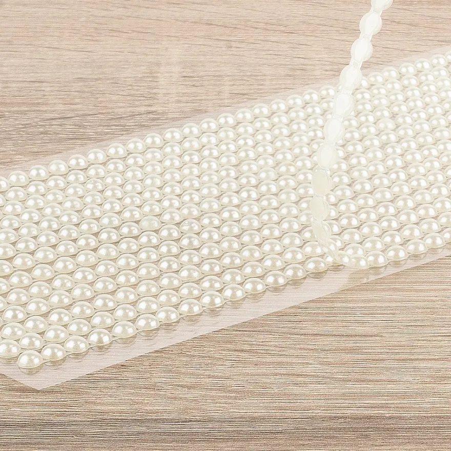 Halbperlen-Bordüren, 10cm x 30cm, rund: Ø 3mm, Ø 4mm, Ø 5mm, selbstklebend, naturweiß, 3 Bogen