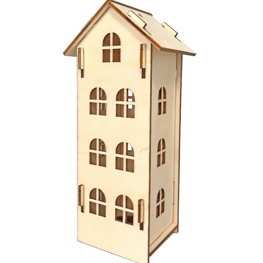 Haus aus Holz, zum Zusammenstecken, Design 3, 7cm x 5,6cm x 15,5cm