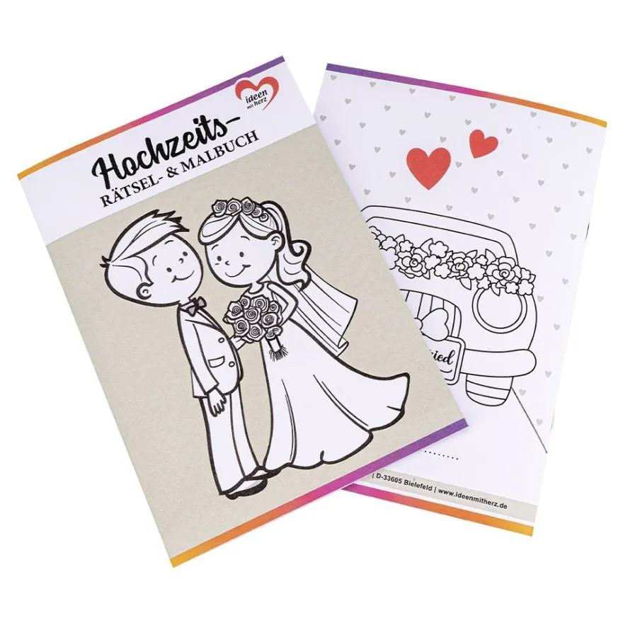 Hochzeits- Rätsel- & Malbuch, DIN A5, 200g/m², inkl. Buntstifte, 10 Stück