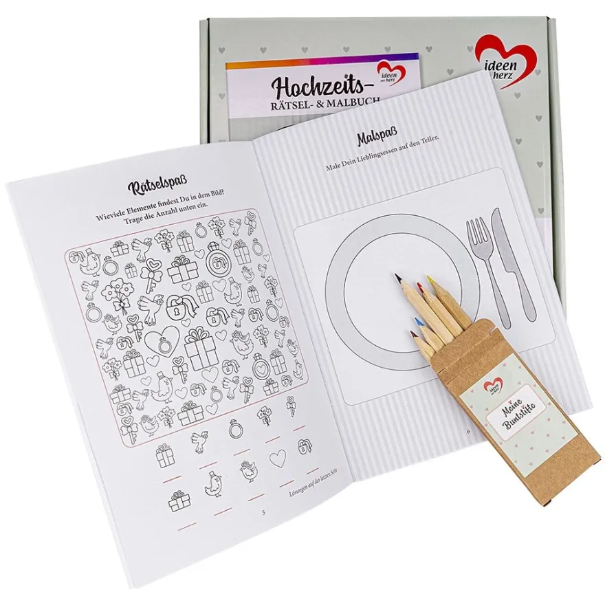 Hochzeits- Rätsel- & Malbuch, DIN A5, 200g/m², inkl. Buntstifte, 10 Stück