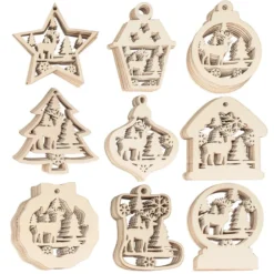 Holz-Deko, Winterszenen, 9 versch. Designs, je 7 Stück, flach, 1,7mm stark, natur, 63 Teile