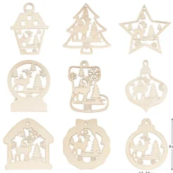 Holz-Deko, Winterszenen, 9 versch. Designs, je 7 Stück, flach, 1,7mm stark, natur, 63 Teile