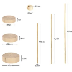 Holz-Ständer mit Stäben und Perlen, 6 Ständer in 3 versch. Größen, 60 Holz-Perlen, 72-teilig