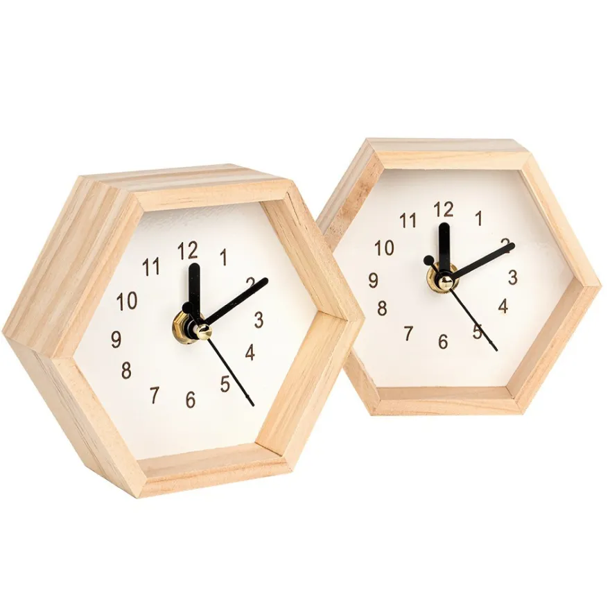 Holz-Uhren Sechseck, 12,7cm x 11cm x 5cm, 2 Stück