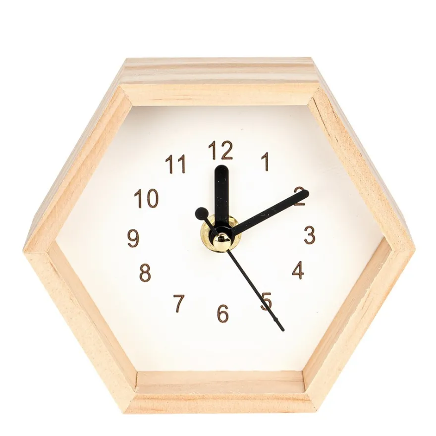 Holz-Uhren Sechseck, 12,7cm x 11cm x 5cm, 2 Stück