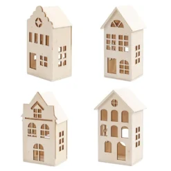Häuser aus Holz, Sortierung 2, 4 Größen und Designs, mit Öffnung, 4 Stück
