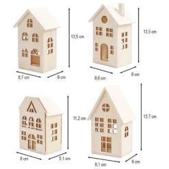 Häuser aus Holz, Sortierung 3, 4 verschiedene Größen und Designs, mit Öffnung, 4 Stück