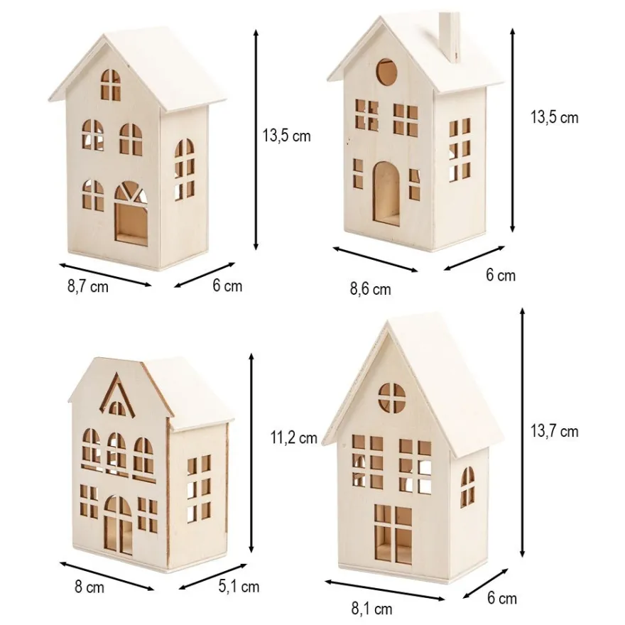 Häuser aus Holz, Sortierung 3, 4 verschiedene Größen und Designs, mit Öffnung, 4 Stück