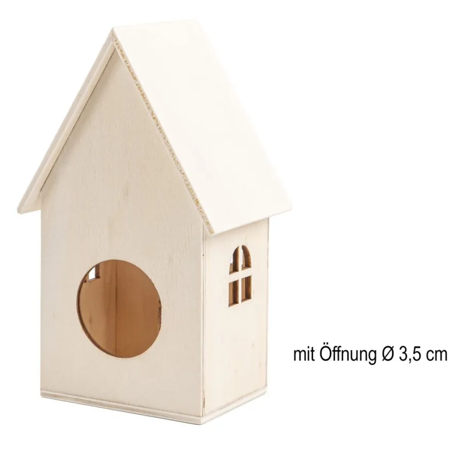 Häuser aus Holz, Sortierung 3, 4 verschiedene Größen und Designs, mit Öffnung, 4 Stück
