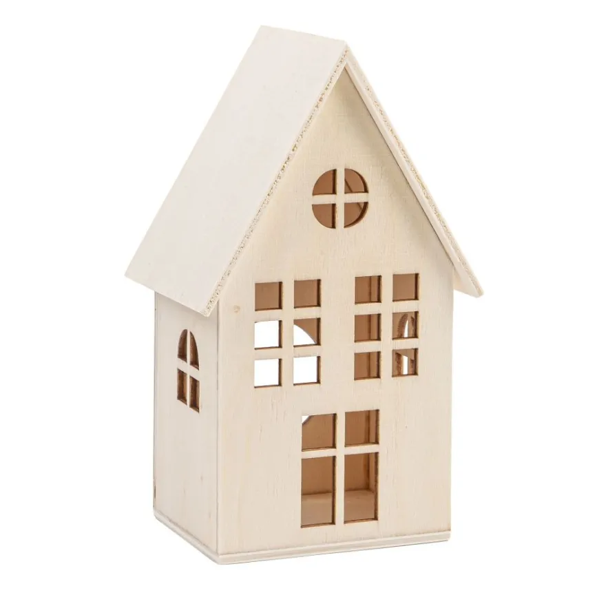 Häuser aus Holz, Sortierung 3, 4 verschiedene Größen und Designs, mit Öffnung, 4 Stück