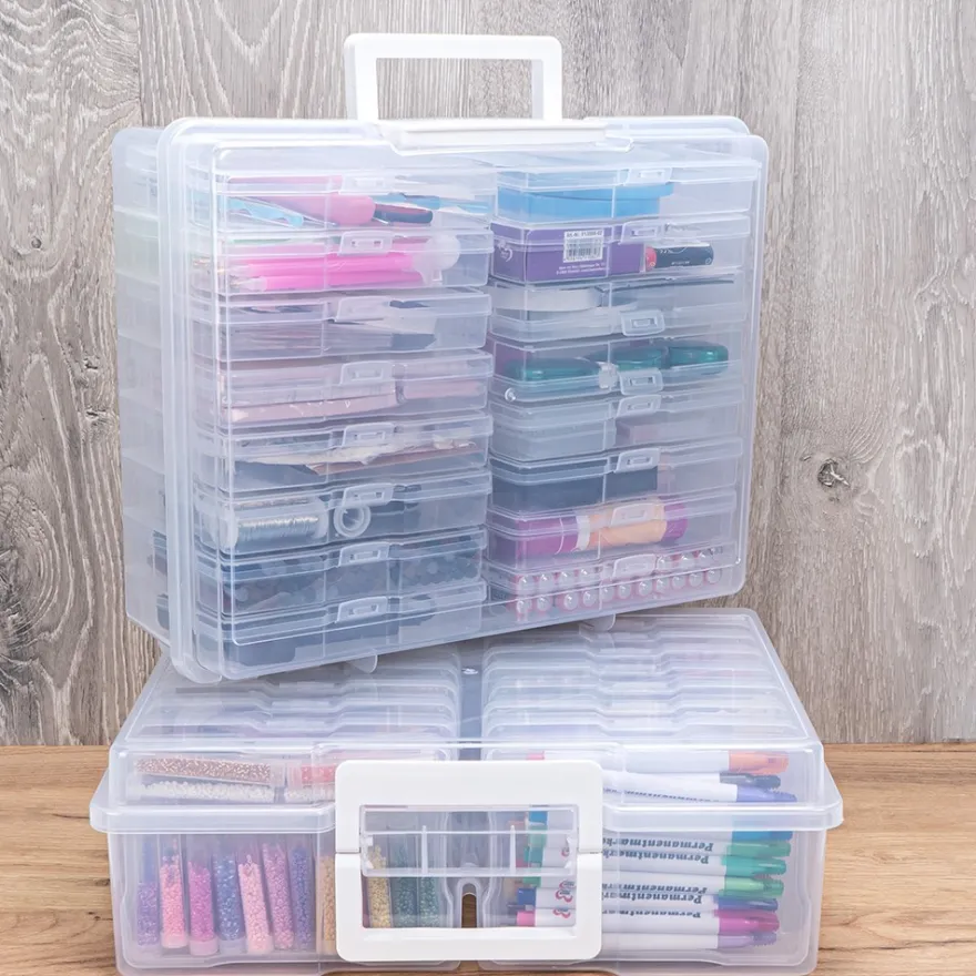Koffer mit 16 herausnehmbaren Sortierboxen, Koffer: 38cm x 29,5cm x 12,7cm, transparent, 17-teilig