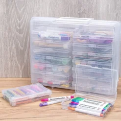 Koffer mit 16 herausnehmbaren Sortierboxen, Koffer: 38cm x 29,5cm x 12,7cm, transparent, 17-teilig