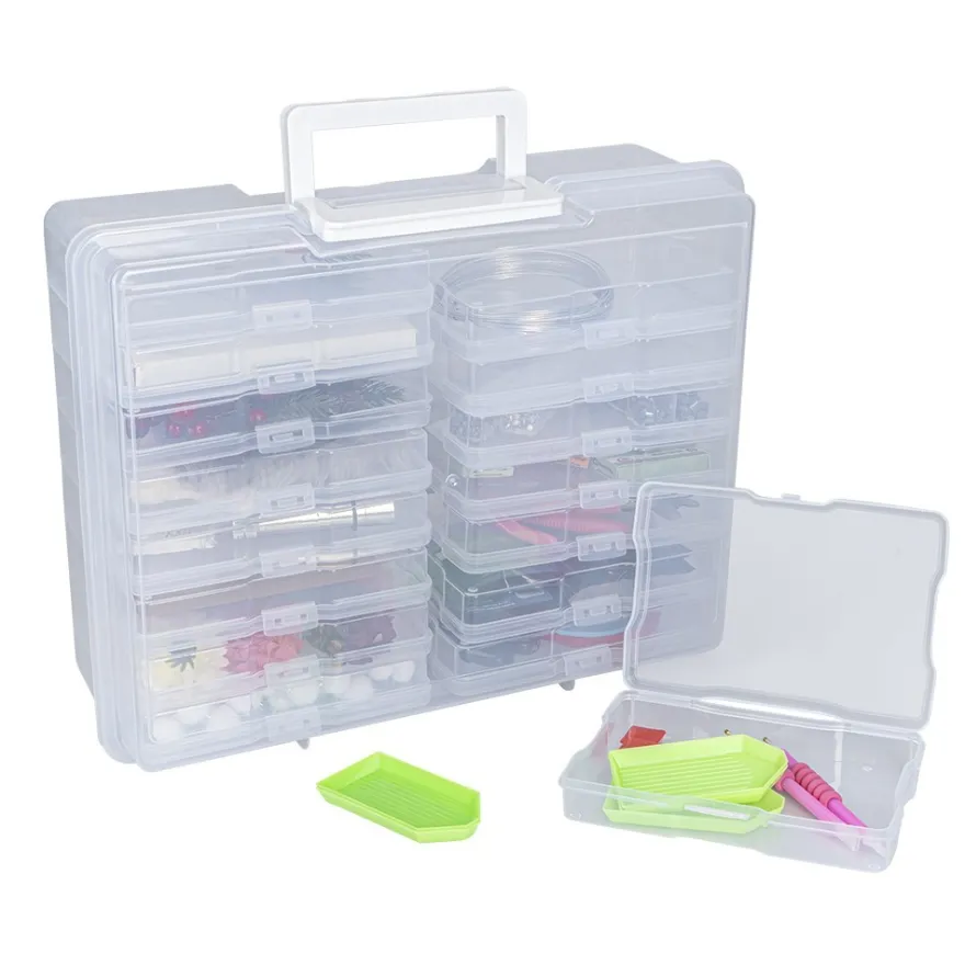 Koffer mit 16 herausnehmbaren Sortierboxen, Koffer: 38cm x 29,5cm x 12,7cm, transparent, 17-teilig