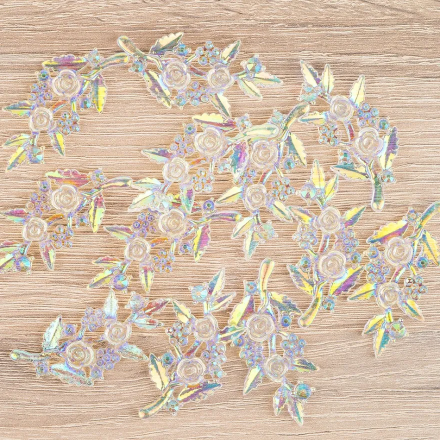 Kristallkunst-Schmucksteine, Rosenzweig 2, 2,4cm x 5,1cm, transparent, klar, irisierend, 12 Stück