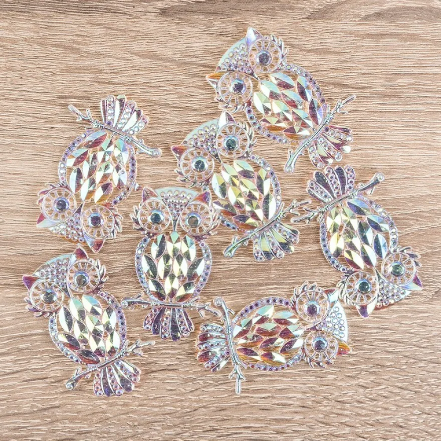 Kristallkunst-Schmucksteine, Eule, 3,4cm x 4,8cm, transparent, klar, irisierend, 7 Stück
